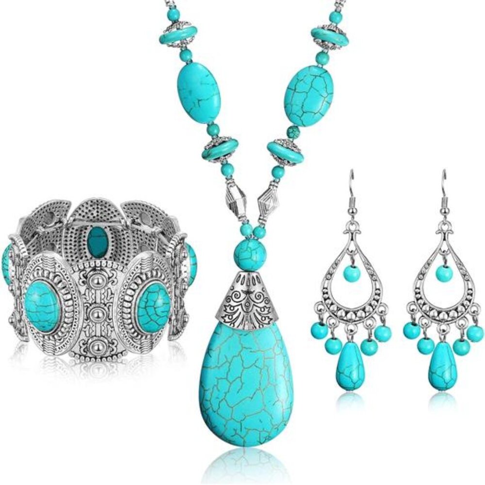 Bohemian Turquoise Jewelry Set Necklace Earrings Bracelet Statement Boho Gift Wo